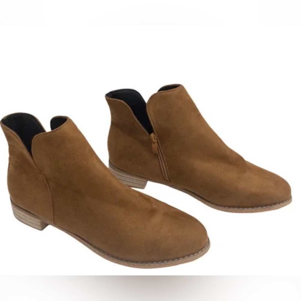 Rosy Tan Brown Faux Suede Cut Out Side Zip Low Heel Ankle Booties